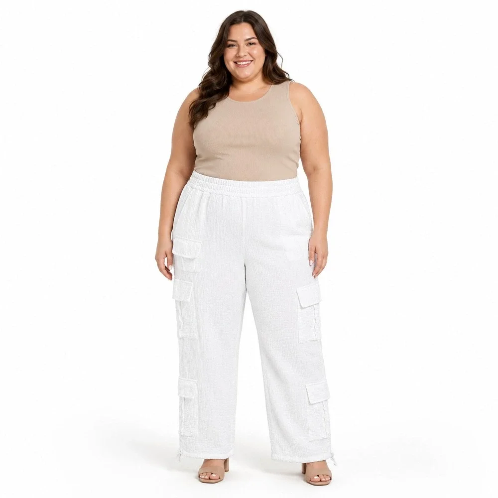 No Comment Plus Womens 2X White Cotton Gauze Cargo Pants Elastic Waist NWT Plus